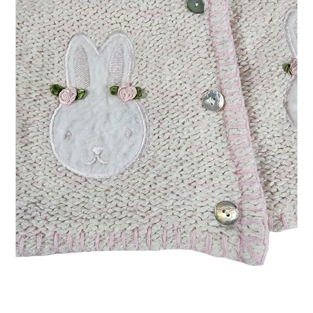 Vintage Savannah Baby Pink Cream Knit Bunny Cardigan Sweater 6/12‎ Months
